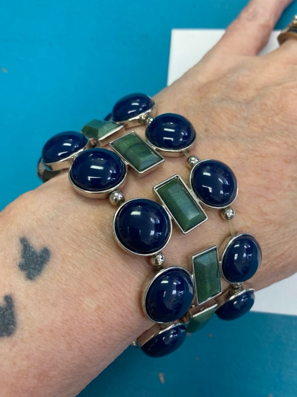 New York & Company Navy and Green Triple-Row Stretch Bracelet